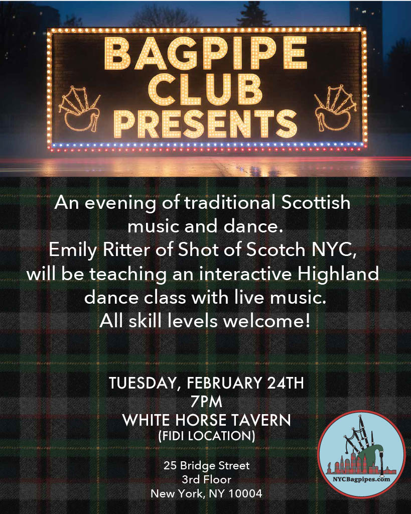 Flyer for NYC Bagpipe Club Event in February.